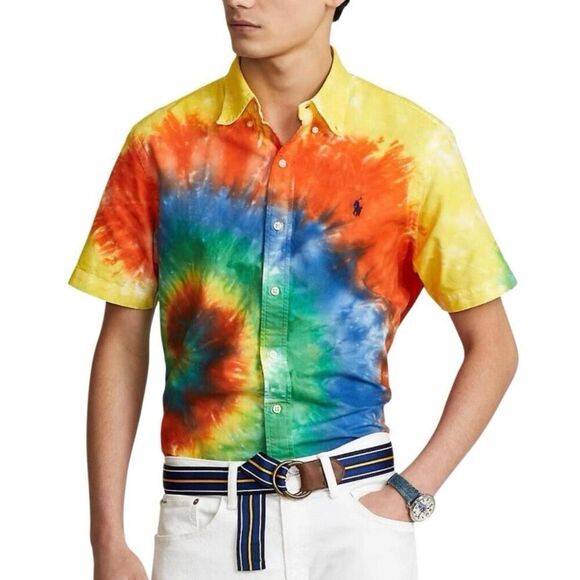 Polo Ralph Lauren Classic Fit Tie-Dye Oxford Shirt Blue/Green Tie Dye Multi Larg - Picture 2 of 6